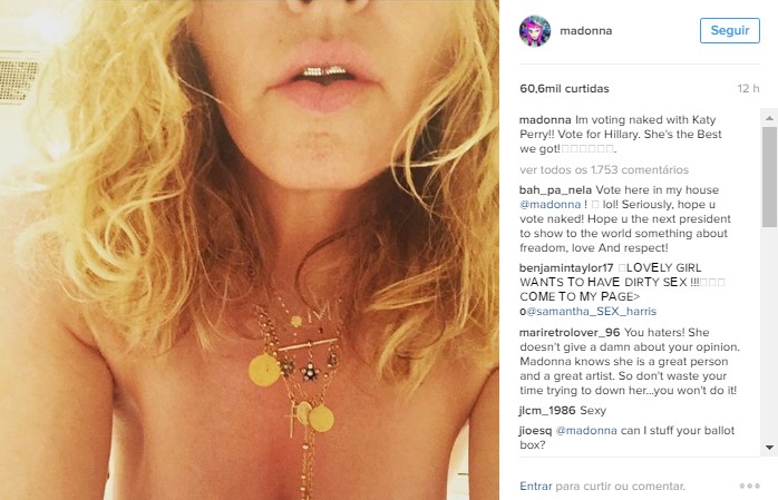 Madonna declara apoio à candidata Hillary Clinton com foto sem roupas