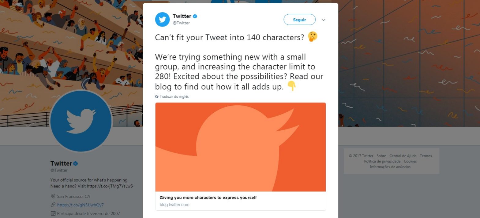Twitter testa possibilidade de aumentar limite de caracteres de 140 para 280