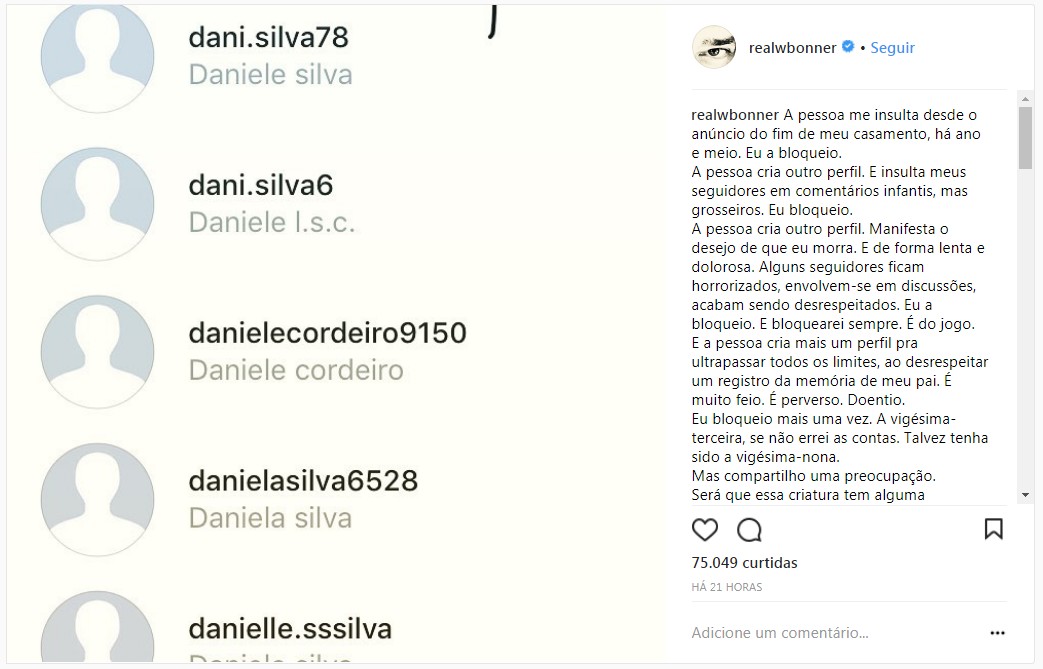 Willian Bonner usa Instagram para denunciar mulher que criou 23 perfis falsos para xingá-lo em comentários de suas fotos