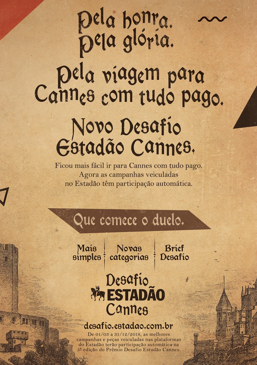Campanha que destaca as novidades do 5º Prêmio Desafio Estadão Cannes promove duelos medievais entre agências