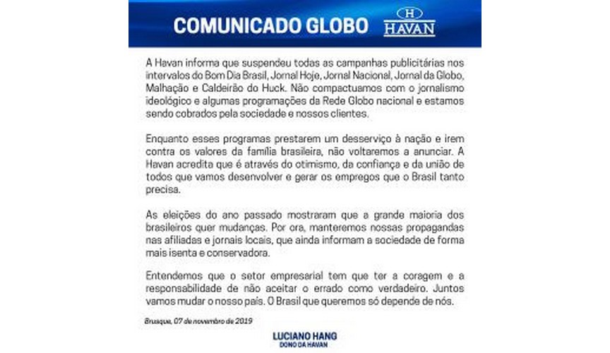 Havan se posiciona contra a Globo - Acontecendo Aqui
