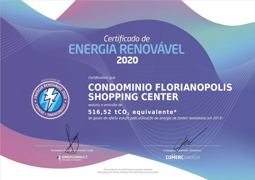 Ações sustentáveis do Floripa Shopping garantem ao empreendimento o Certificado de Uso de Energia Renovável 2020