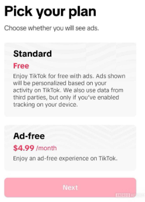 TikTok sem anúncios, porém, com pagamento mensal